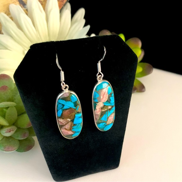 Copper & Turquoise Mosaic Handmade Silver Drop Earrings - Picture 1 of 9